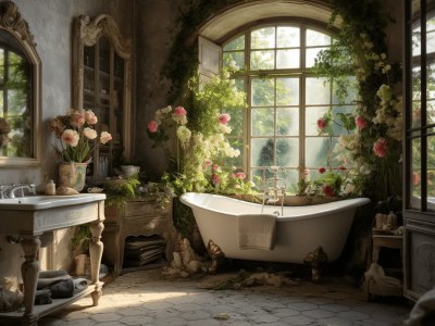 Old Bathroom With An Old Tub, Flowers, And A Window