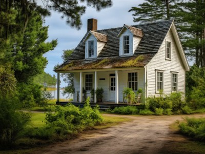 Old Blue Cottage On A Dirt Roadway With Lots Of Grassy Green Grass Around