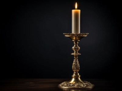 Old Golden Candle Standing On A Wooden Table