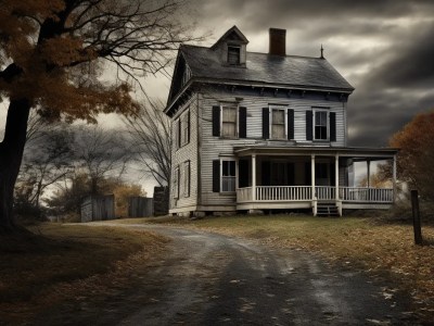 Old House Sitting On The Road Under Stormy Skies