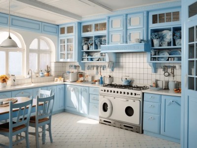 Old Kitchen With Turquoise Cabinets And A White Stove