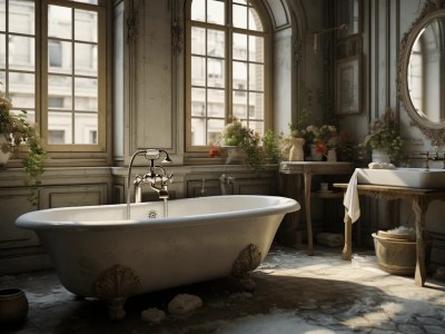 Old Looking Bathroom With Windows And A Large Bathtub