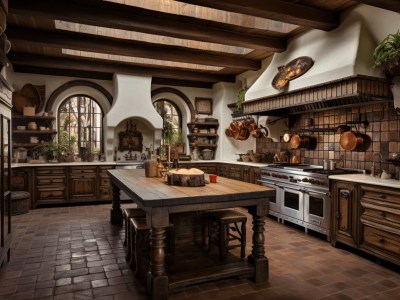 Old, Rustic Style Kitchen Has Wooden Beams And Wood