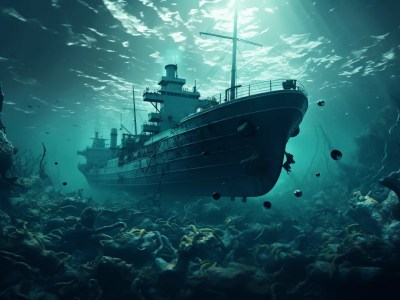 Old Ship Under Water Close To A Huge Ship