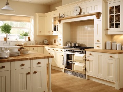 Old Style Kitchen With Cream Wooden Cabinets