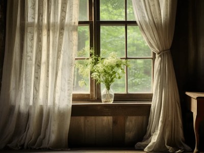 Old Window With Flowers And A Picture Of White Curtains Up The Front