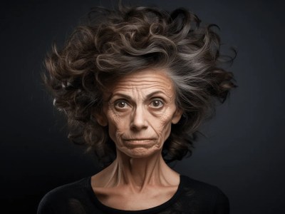 Old Woman Whose Hair Is In A Mess Against A Dark Background