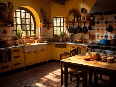 Old Yellow Kitchen With Pots Hanging Around The Space