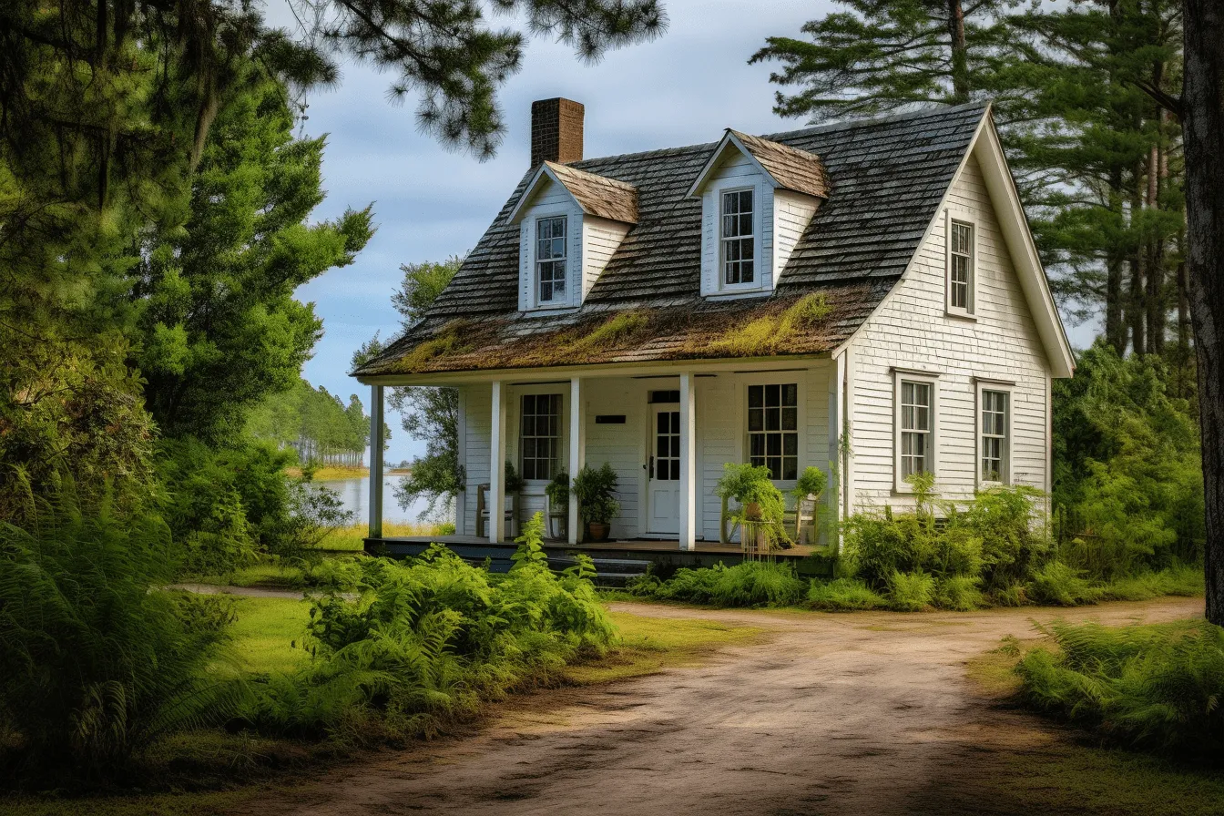 House is on an old dirt road, calm waters, laowa 100mm f/2.8 2x ultra macro apo, nautical charm, cabincore, white and green, 19th century american art, 32k uhd