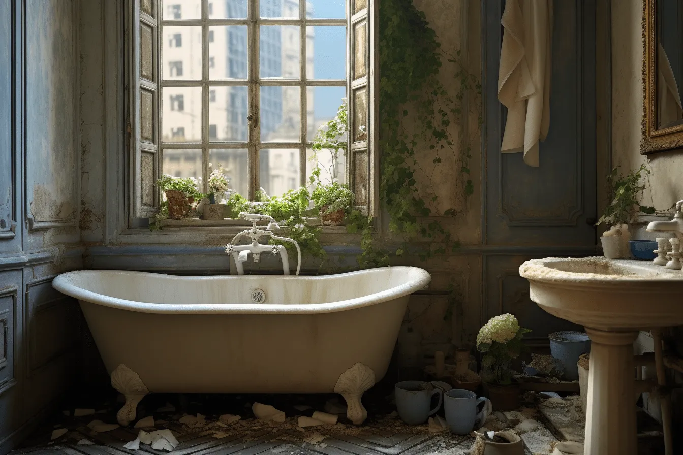 Old, derelict bathroom with a shabbychic look, metropolis meets nature, rendered in cinema4d, florentine renaissance, uhd image, indigo and beige, botanical abundance, eco-friendly craftsmanship