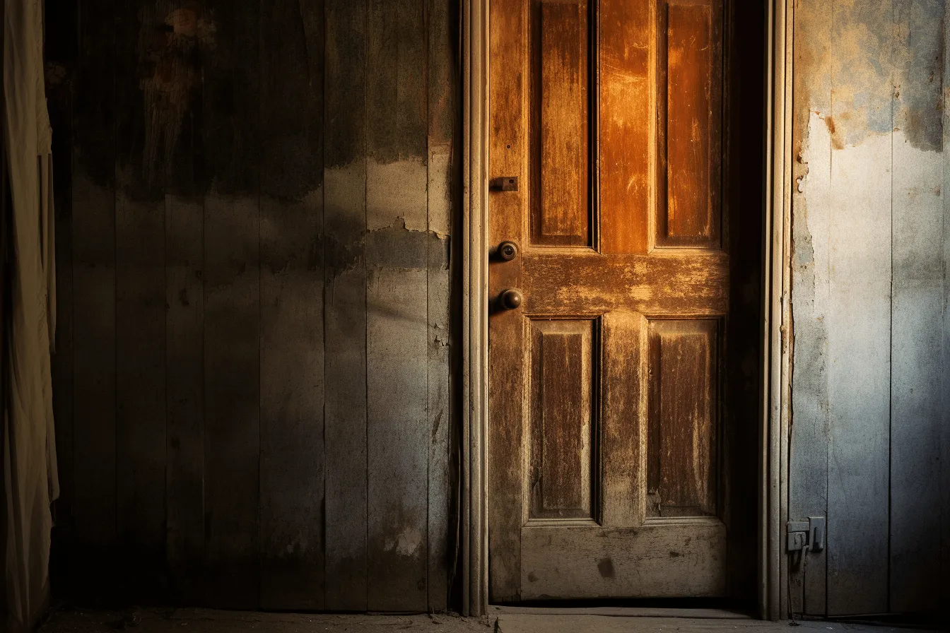 Old and broken door sits open before an abandoned building, light orange and dark amber, intense light and dark, narrative paneling, soft-focus portraits, smokey background, varying wood grains, contest winner