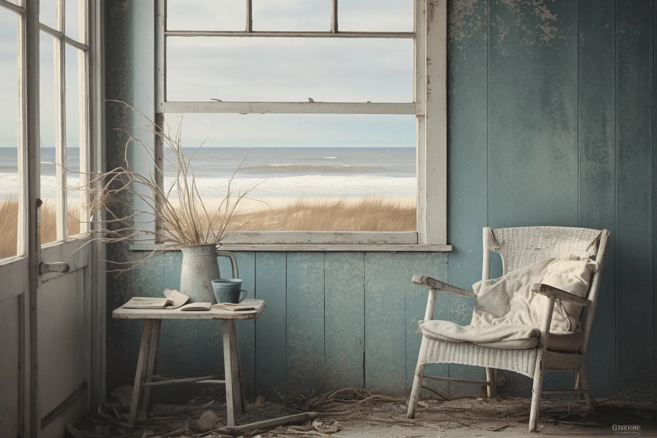 Old chair on porch and table next to the ocean, layered and atmospheric landscapes, light teal and beige, post-apocalyptic backdrops, dutch marine scenes, windows vista, use of vintage imagery, muted colours