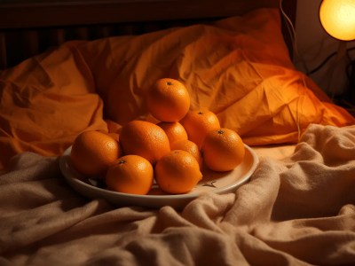 On A Plate A Bunch Of Oranges Sitting On A Bed Under A Light