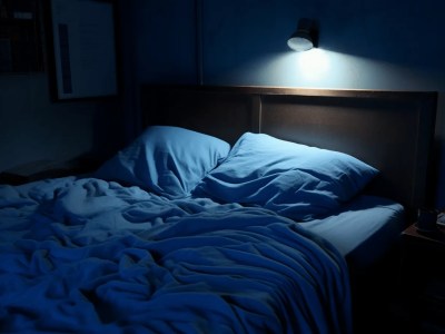 One Bed In The Dark With A Blue Comforter