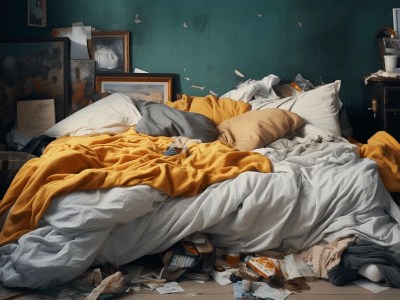 One Messy Bedroom With A Yellow Blanket With Blue And Gold