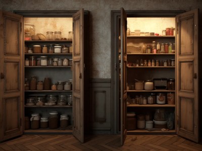 Open Doors Of The Darkly Stained Wooden Pantry