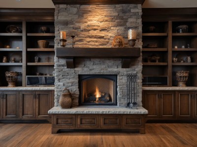 Open Fireplace In A Room With Wood Cabinets Behind It