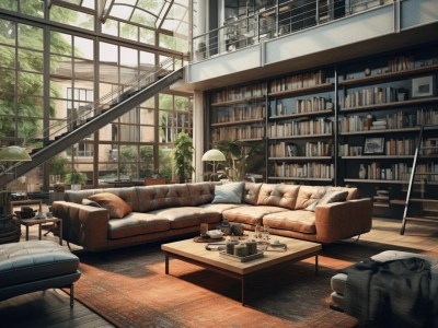 Open Loft In Stock With A Library, Couches And Large Windows