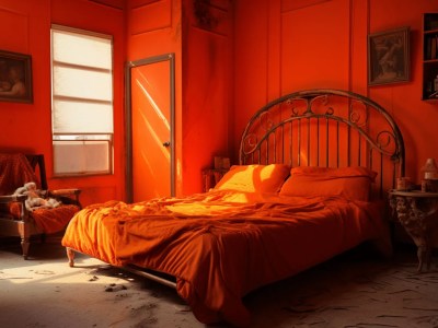 Orange Bedroom With An Orange Headboard And Paint Over Wooden Floors