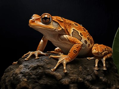 Orange Frog Sits On A Rock In Dark Background