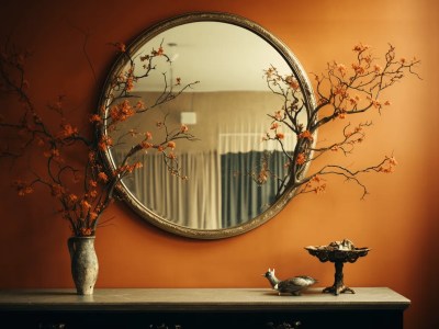 Orange Mirror Sits Beside A Dresser And Flowers