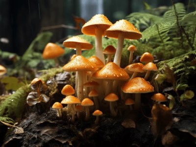 Orange Mushrooms Gather Together In The Middle Of A Hill