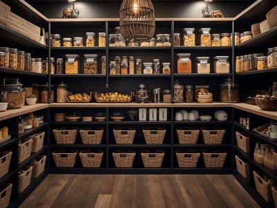 Organized Kitchen Pantry With Baskets, Bins, And Shelves