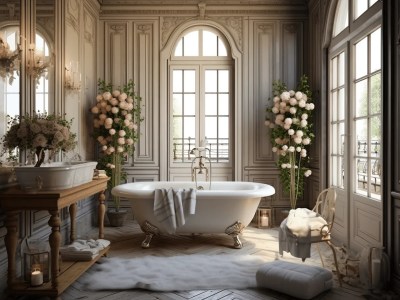 Ornate Bathroom With A Tub And Windows