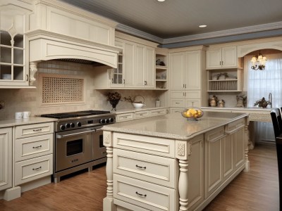 Ornate Kitchen Center With White Cabinets And A White Center Island