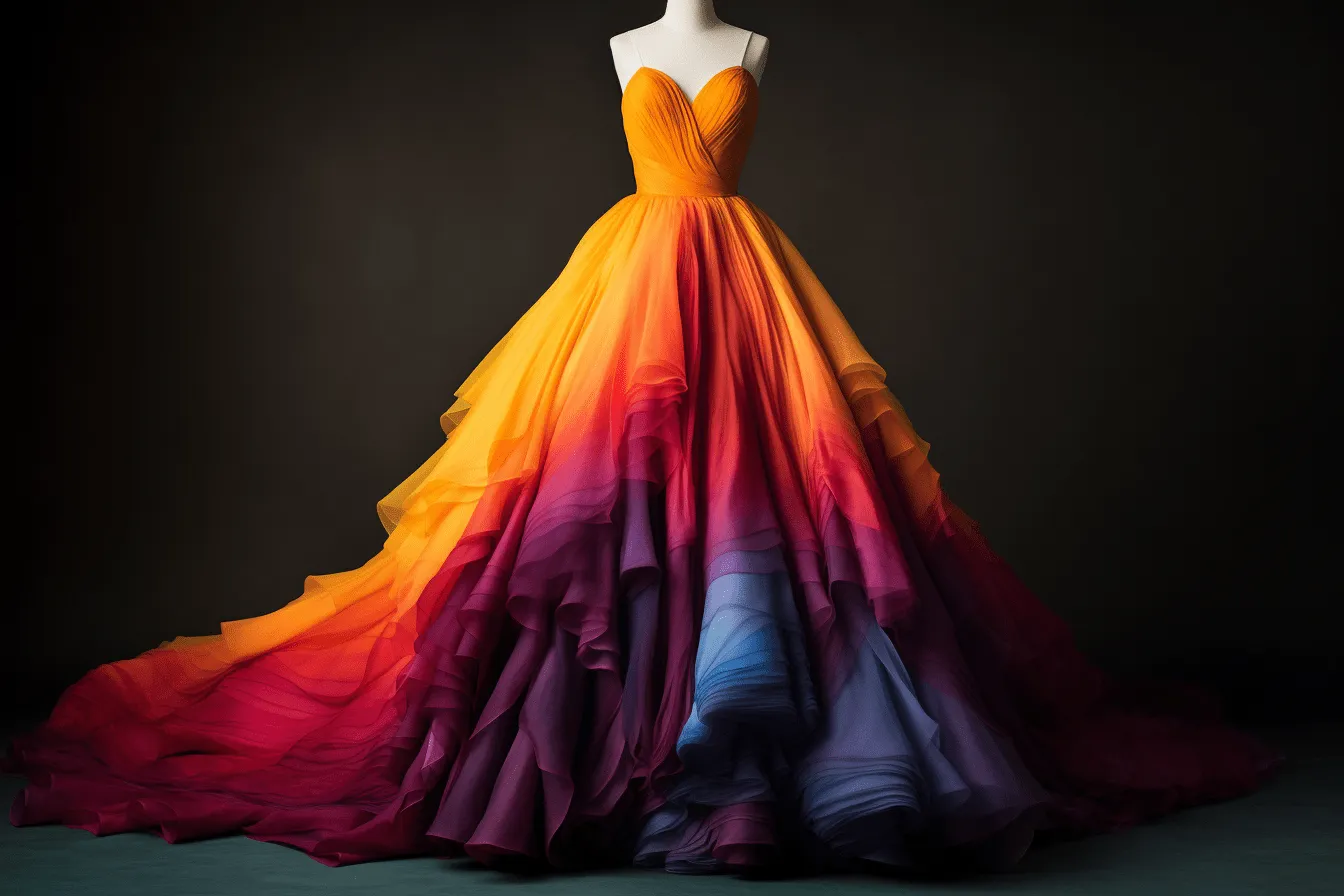 Purple, orange, blue and green evening gown dangling on a mannequin, subtle color gradations, dark yellow and dark crimson, gauzy atmospheric landscapes, dark orange and magenta, multi-layered, meticulous design, fujifilm eterna vivid 500t