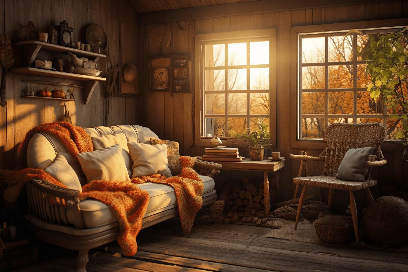 Sofa in a room with fireplace, norwegian nature, golden light, romanticized country life, orange and brown, daz3d, atmospheric woodland imagery, cabincore