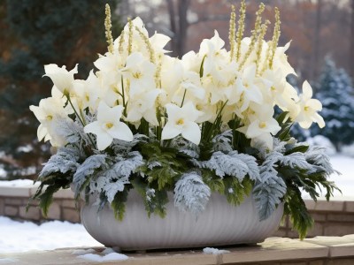 Outdoor Winter Planter With White Flowers