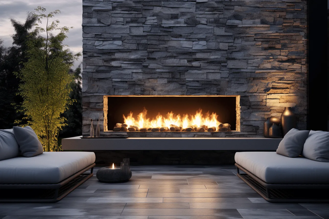 Large outdoor modern fireplace with white sofas, realistic rendering, dark gray and light gold, glowing lights, depth of layers, gemstone, clean and streamlined, dark gray and dark black