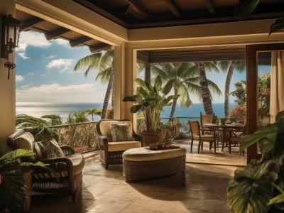 Palm Tree Covered Patio Overlooks The Ocean