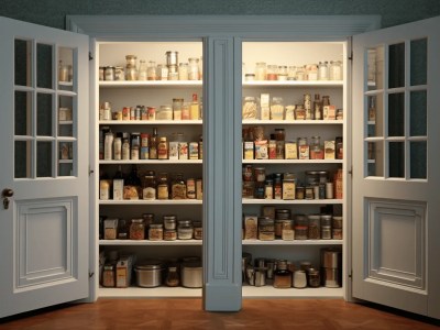 Pantry Open Doors With Many Different Spice Jars