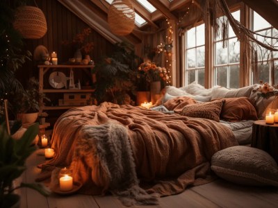 Photo Of Cozy Bedroom With Pillows, Blankets And Candles Decorating With Ornaments And Flowers