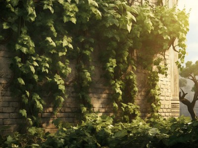 Picture With Vines Growing On An Old Stone Wall