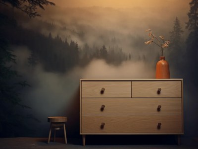 Pine Tree Is Standing Behind A Wood Dresser