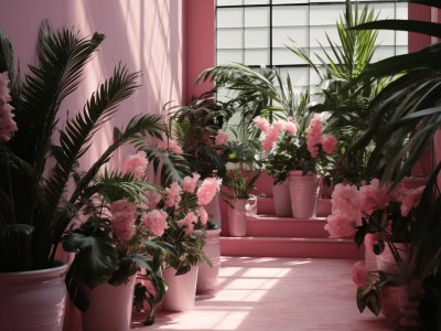 Pink Walled Room With Lots Of Potted Plants