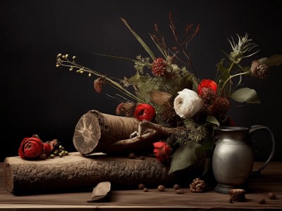 Pitcher Full Of Flowers And Pinecones Resting On A Wooden Table