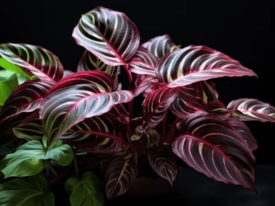 Planter Of Red Plant That Has Shiny Leaves With Many Green Stripes