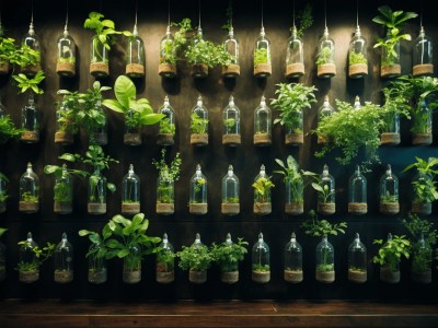 Plants In Glass Bottles On The Wall In A Restaurant