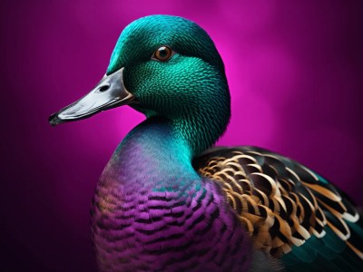 Portrait Of A Duck Against A Purple Background