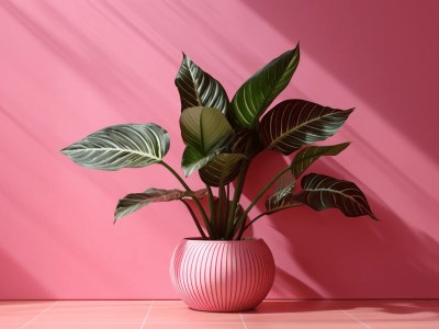 Potted Plant In A Pink Room With Red Color,