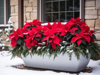 Potted Poinsettias Sitting On Snow And In The Winter