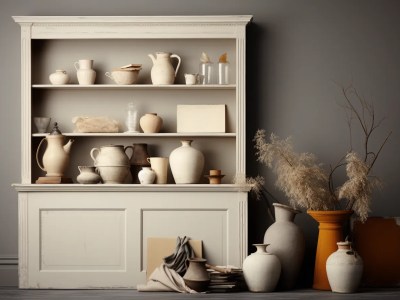 Pottery, Vases And Old Bookshelves In Front Of A Grey Wall