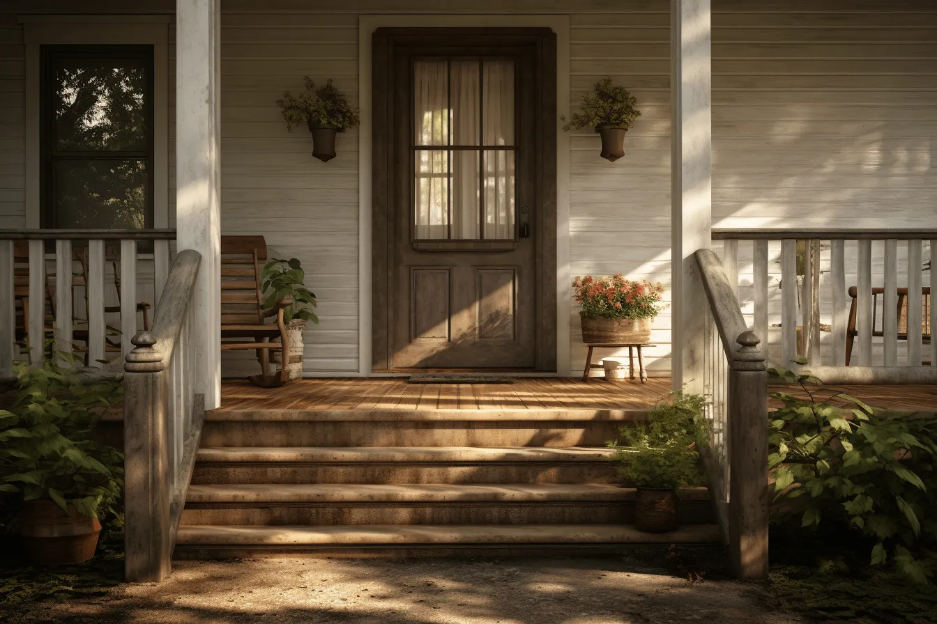 Porch covered in plants and flowers, photorealistic representation, dark brown and light amber, rustic americana, 8k resolution, captures the essence of nature, southern countryside, backlit photography