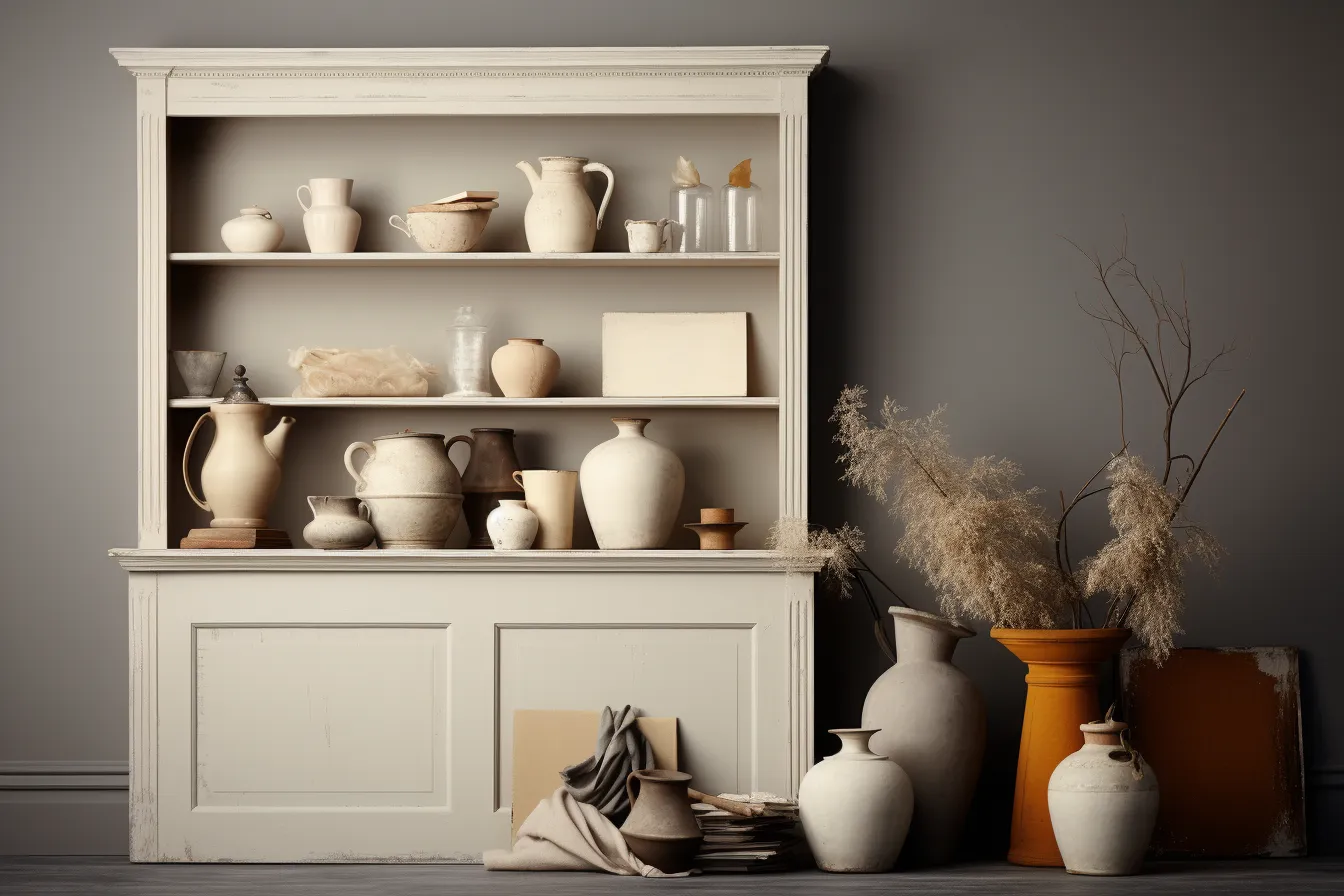 Antique items and other vintage items sit on a shelving unit, hyperrealistic rendering, minimalist ceramics, dutch tradition, dark white and light gray, earthy naturalism, glazed earthenware, traditional color scheme