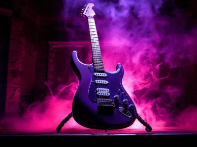 Purple Electric Guitar In Front Of Pink Smoke