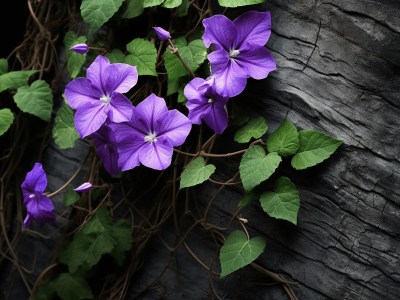 Purple Flowers And Vines Growing On A Rough Rock Wall